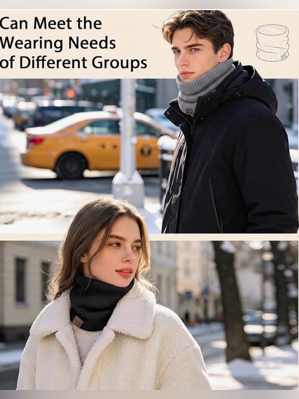 2Pcs Fleece Lined Black & Grey Unisex Neck Warmer Scarf - Black&Grey